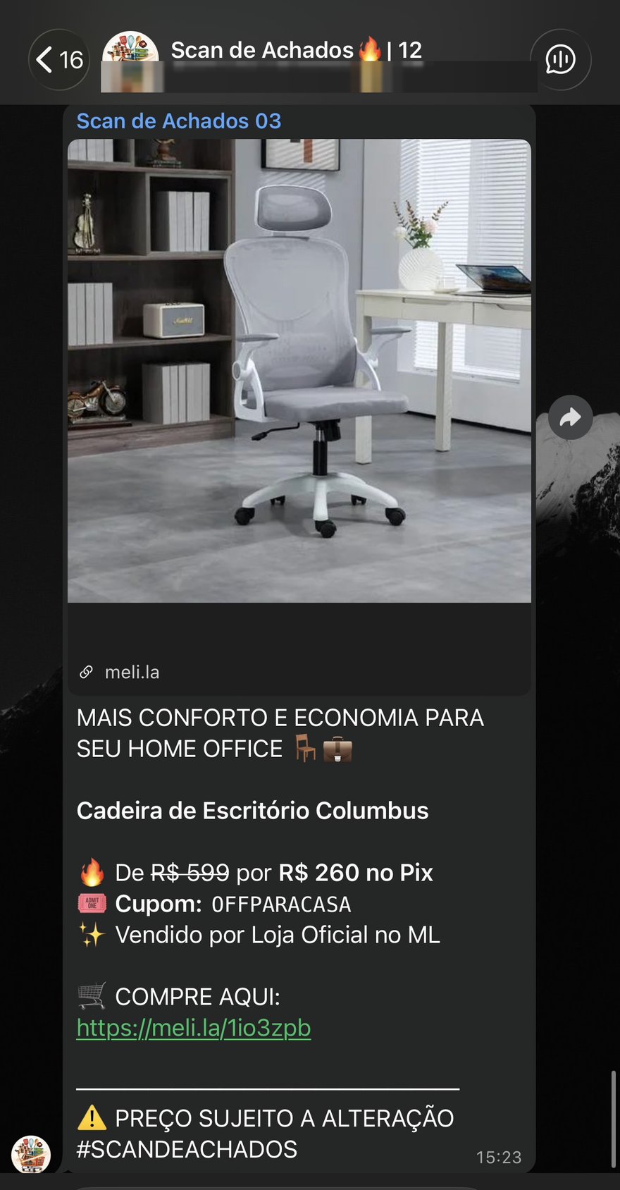 Oferta: cadeira de escritório de R$599 por R$260
